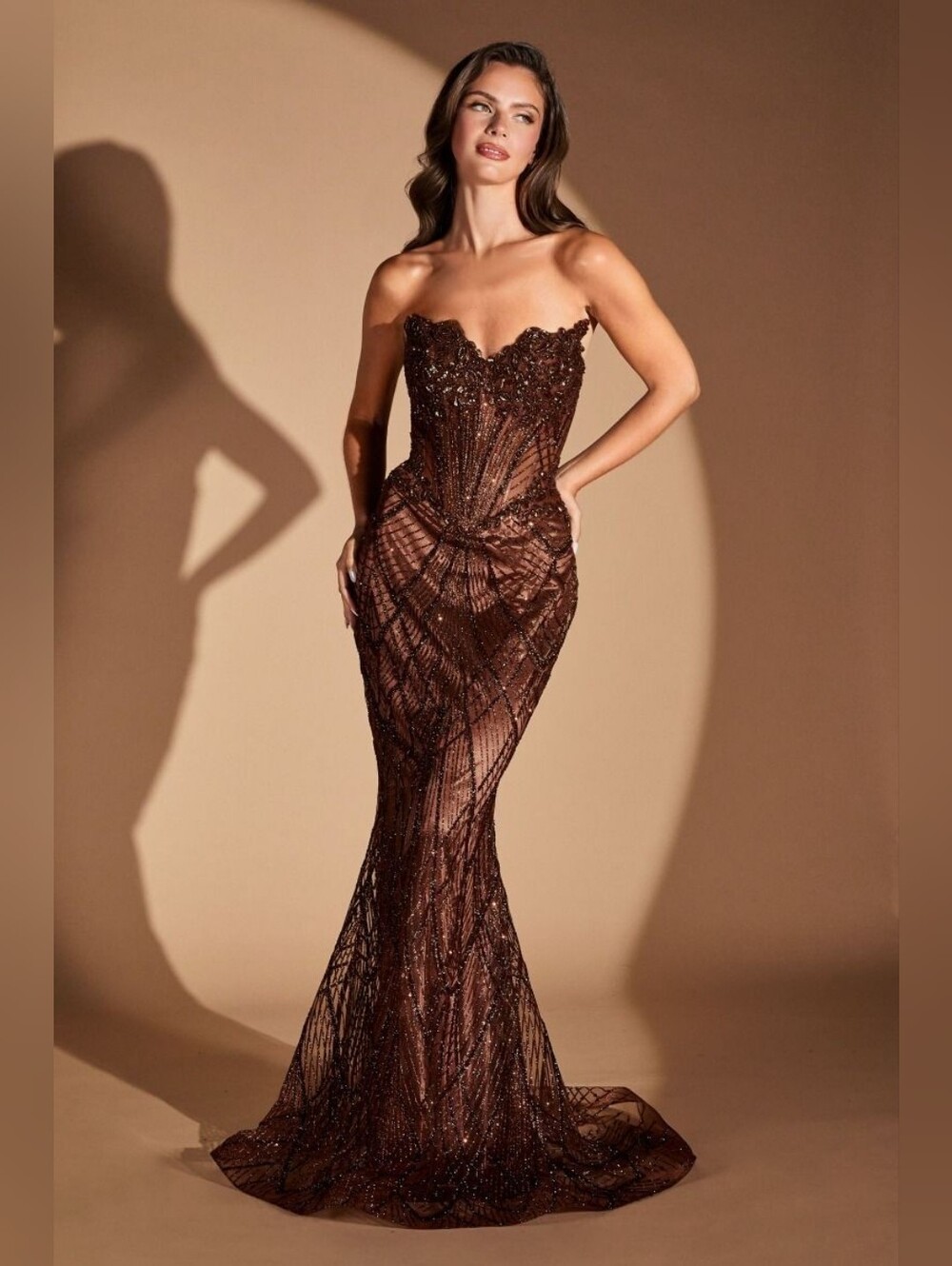 Strapless Espresso Sequin Beaded Prom Gown By Ladivine J888